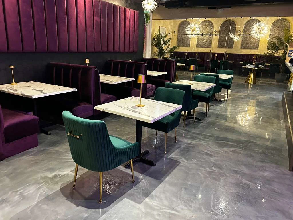 Decorative floor finish in a restaurant seating area