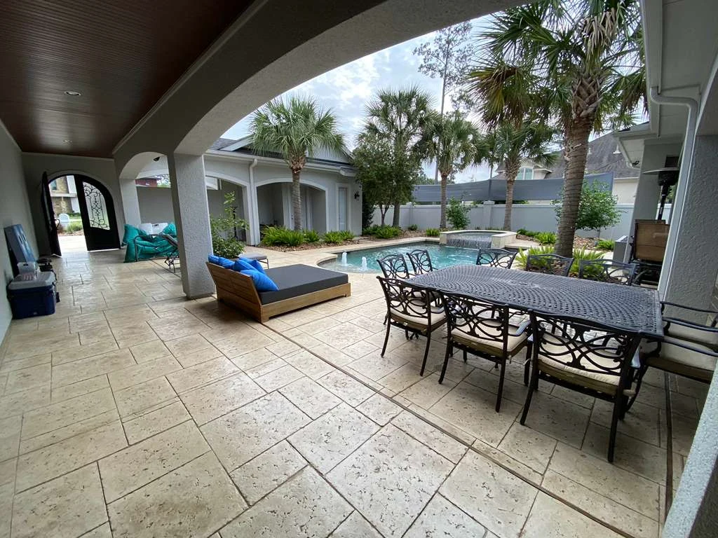 Decorative concrete floor across an outdoor dining area