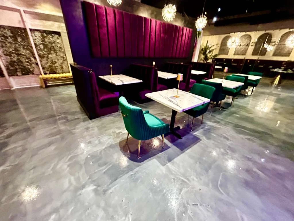 Metallic concrete floor in a restaurant