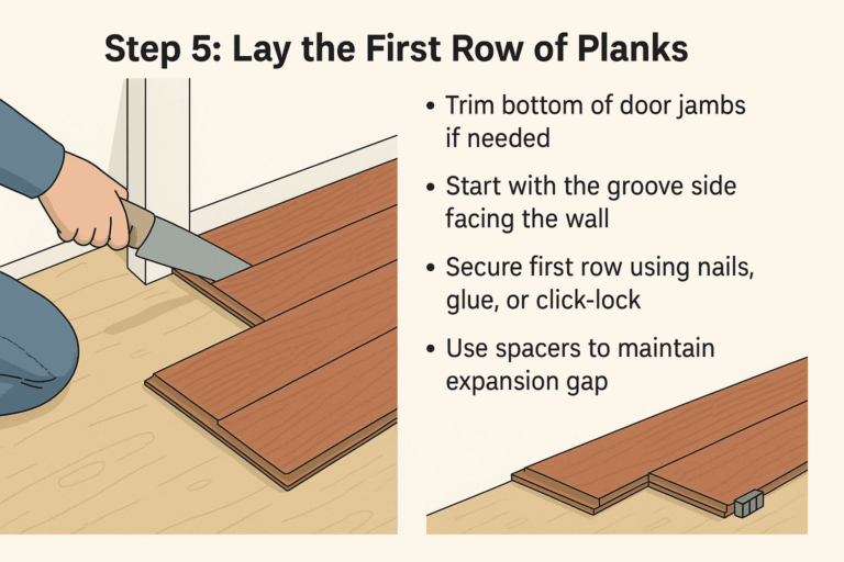 Instructional image showing how to lay the first row of planks in flooring installation.